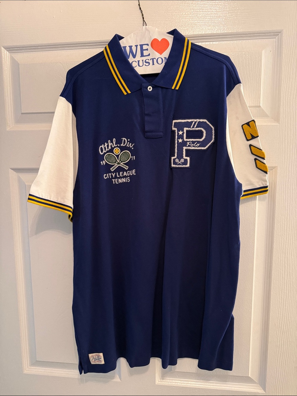 Polo by Ralph Lauren Navy Polo with White Sleeves and Yellow Trim